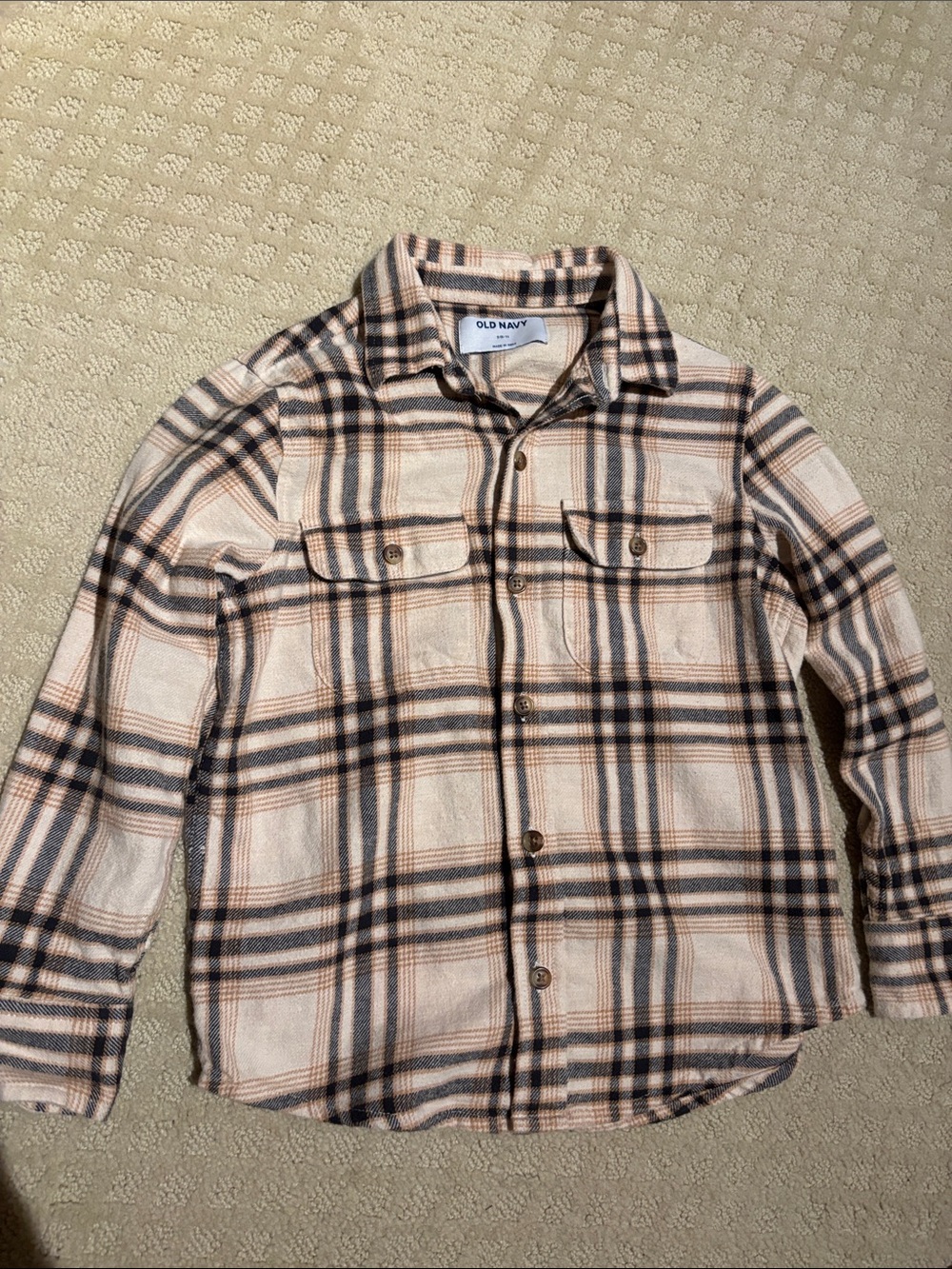 Old Navy Cream Plaid Button-Down Shirt with Black & Tan Stripes